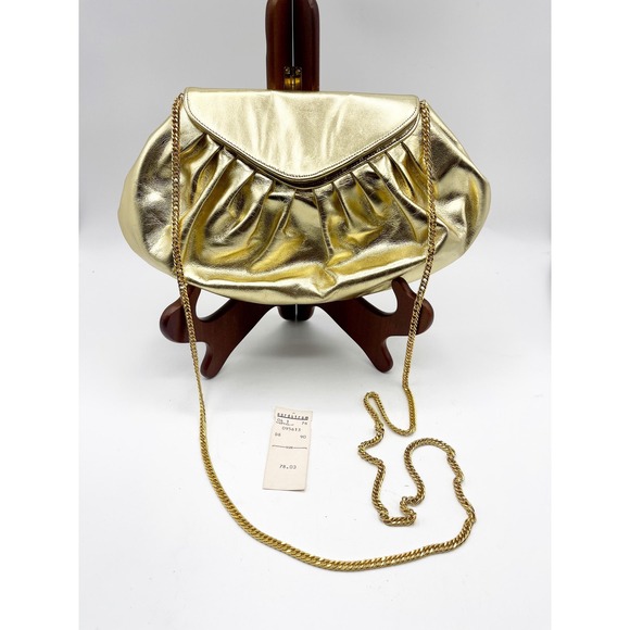 Handbags - Vtg Gold Leather Dumpling Bag‎  chain strap clutch Nordstrom 80's Hollywood glam